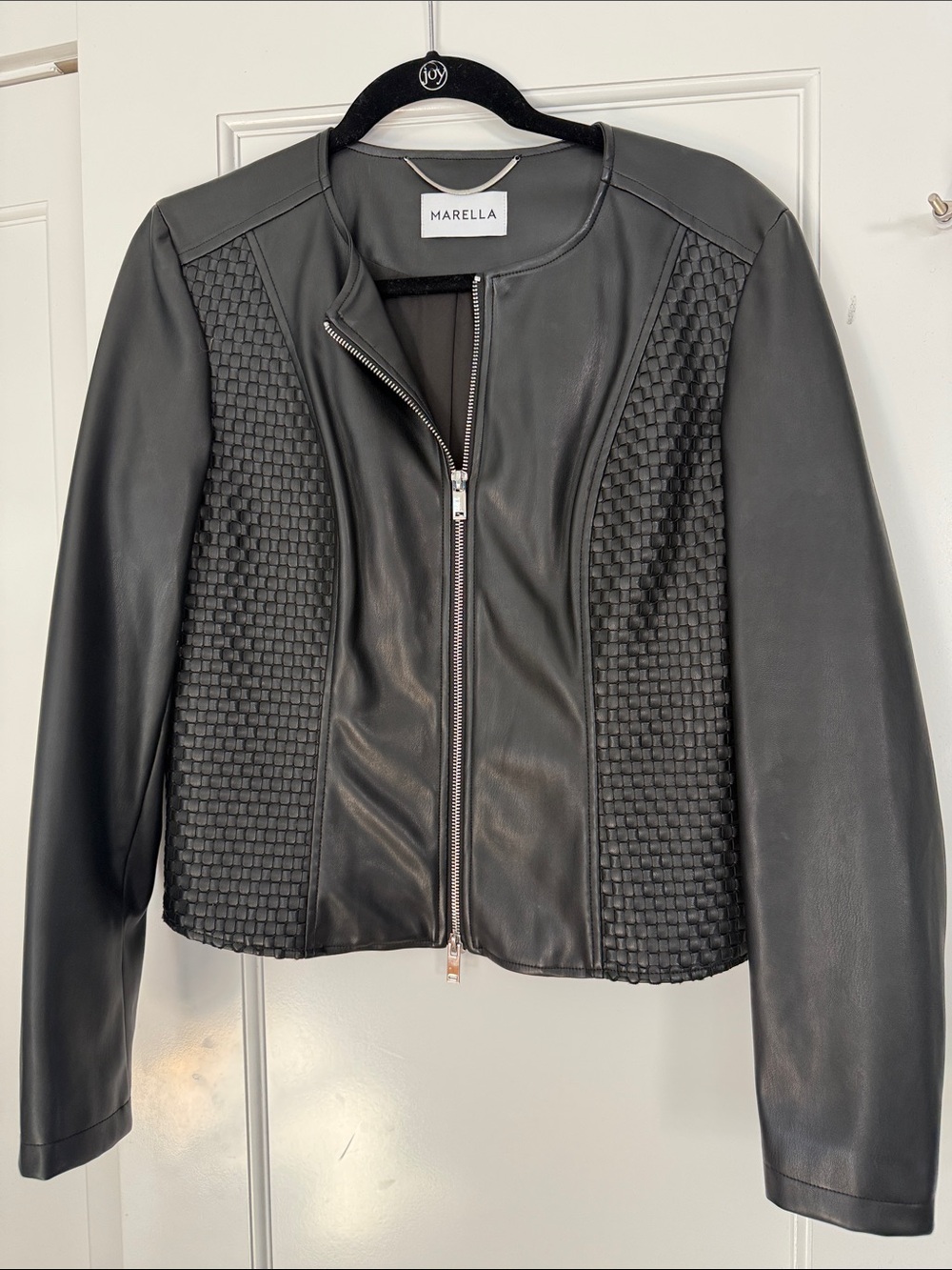 MARELLA Black Leather Jacket with Woven Side Panels